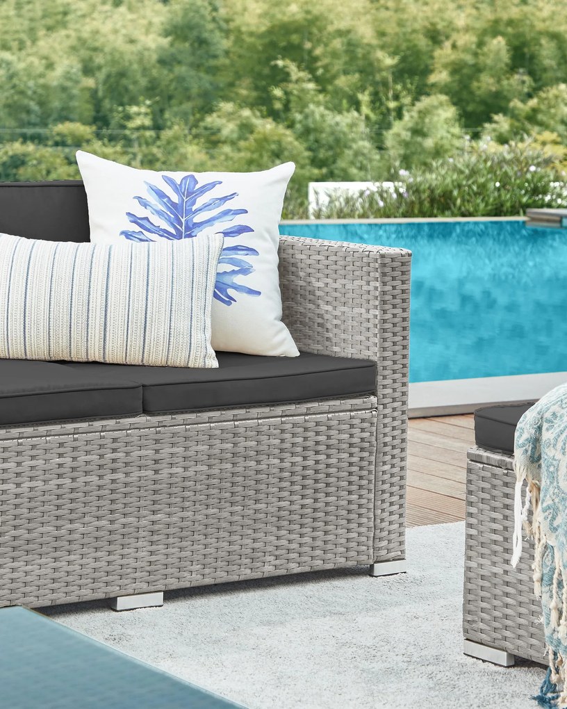 Conjunto móveis Jardim em polyrattan PE com almofadas e mesa de vidro cinzento