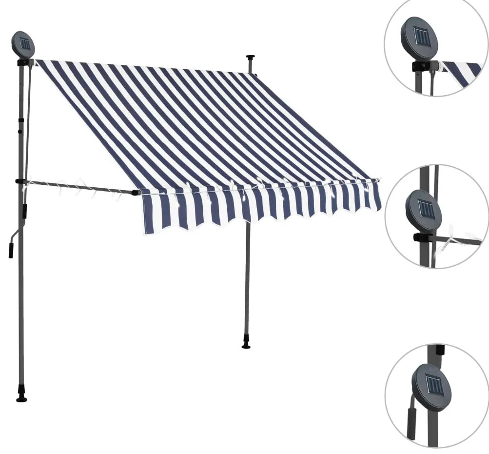 Toldo retrátil manual com LED 200 cm azul e branco