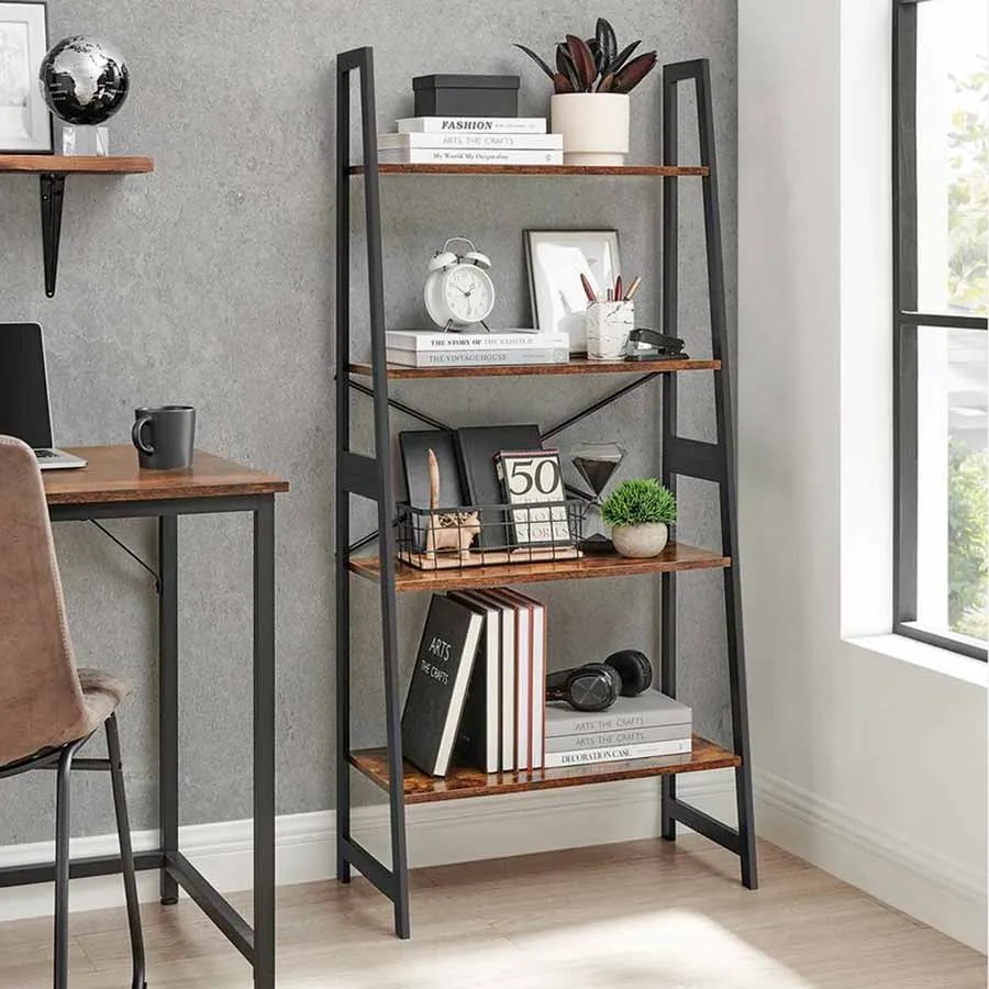 Estante em em forma de Escada com estrutura em bambu 63 x 34 x 137 cm Castanho Vintage-preto