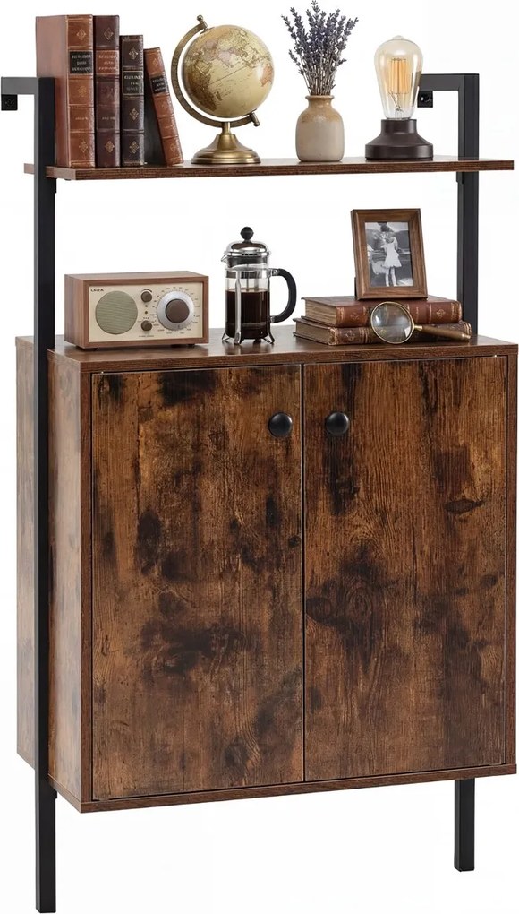 Estante de parede com 4 prateleiras 53 x 29,5 x 96 cm, portas em metal preto, painéis de madeira e puxadores pretos, Castanho Rústico + Preto