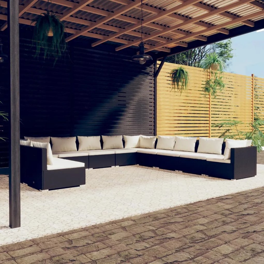 vidaXL 11 pcs conjunto lounge de jardim c/ almofadões vime PE preto