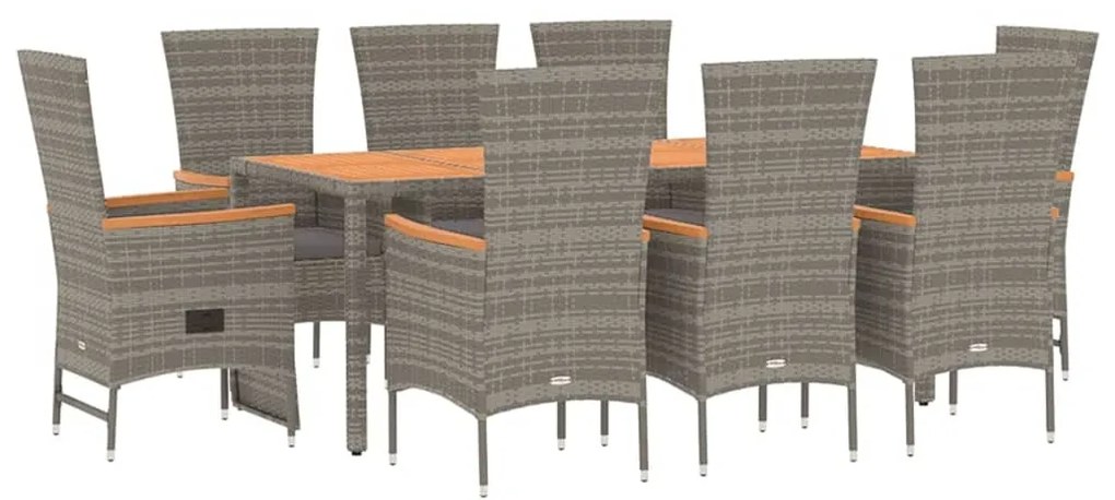 9 pcs conjunto de jantar p/ jardim c/ almofadões vime PE cinza