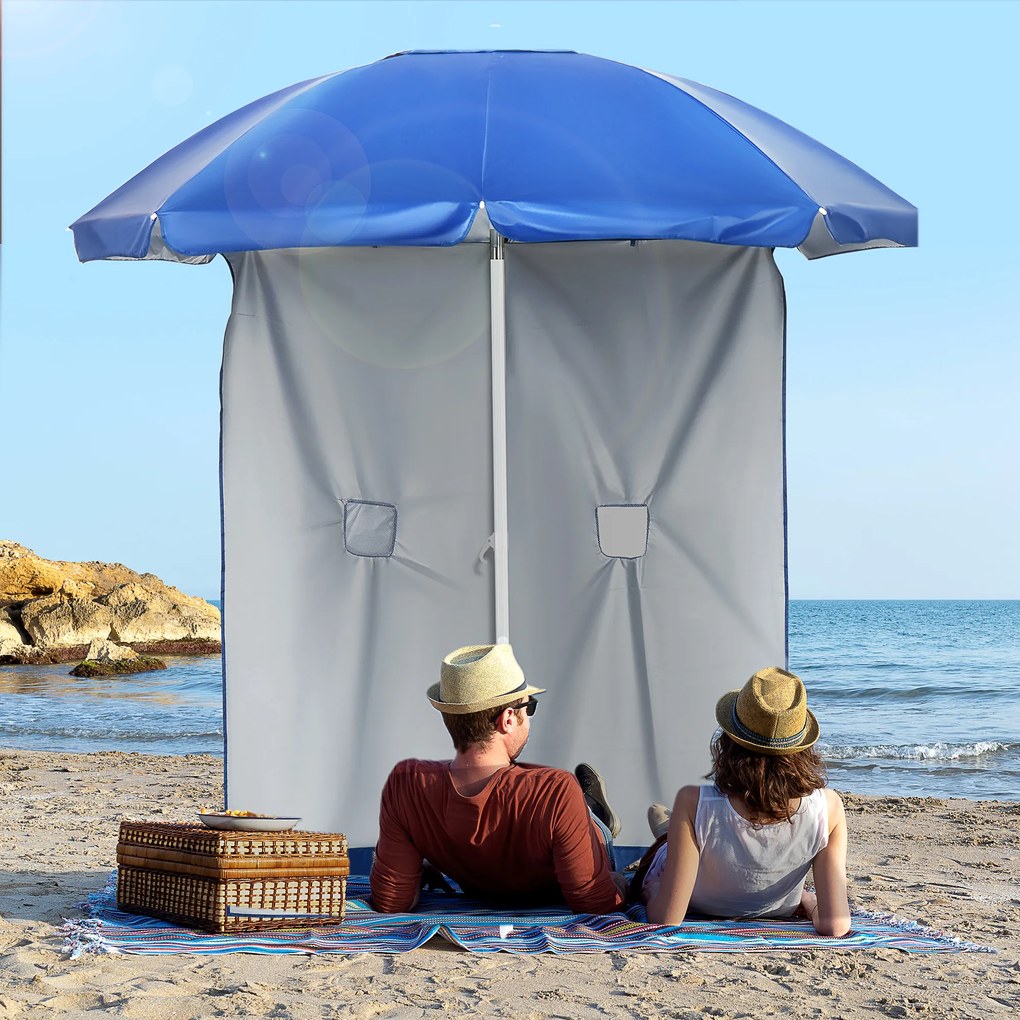 Chapéu de Sol de Praia com Painel Lateral Manivela Manual Teto Inclinável 2 Bolsos e 2 Janelas Ø191x211 cm Azul