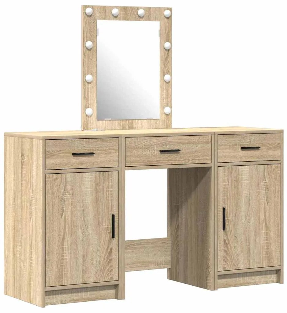 Conjunto de Mesa de Maquiagem 3 Peças com LED em Carvalho Sonoma e Mad