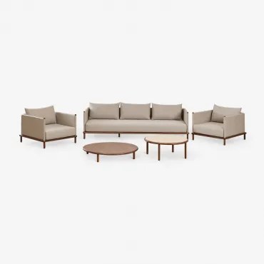 Conjunto De Sala Com Sofá De 3 Lugares, 2 Poltronas E 2 Mesas De Centro Redondas Em Madeira De Acácia Olivia Castanho-acácia Escuro & Castanho-acácia
