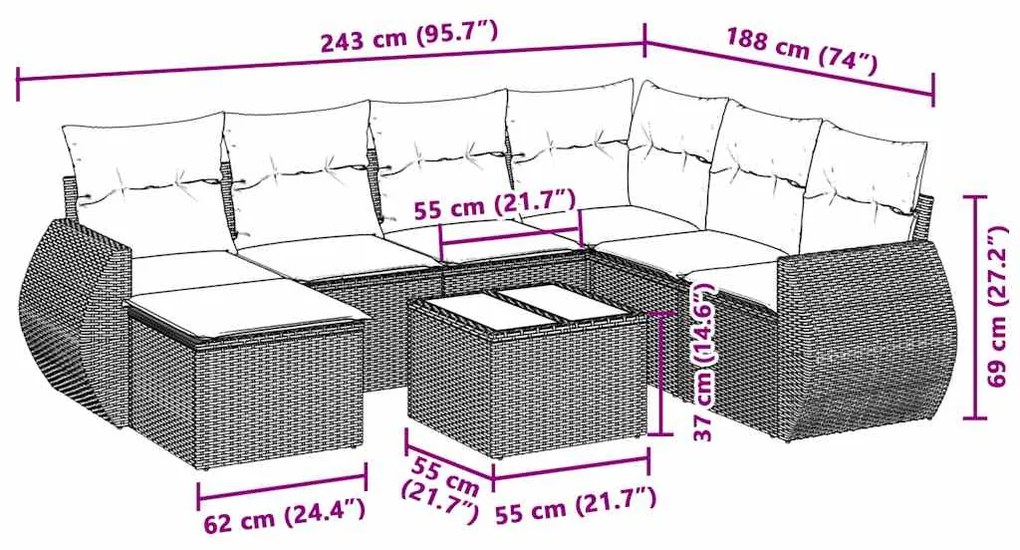 8 pcs conj. sofás jardim c/ almofadões vime PE cinzento-claro