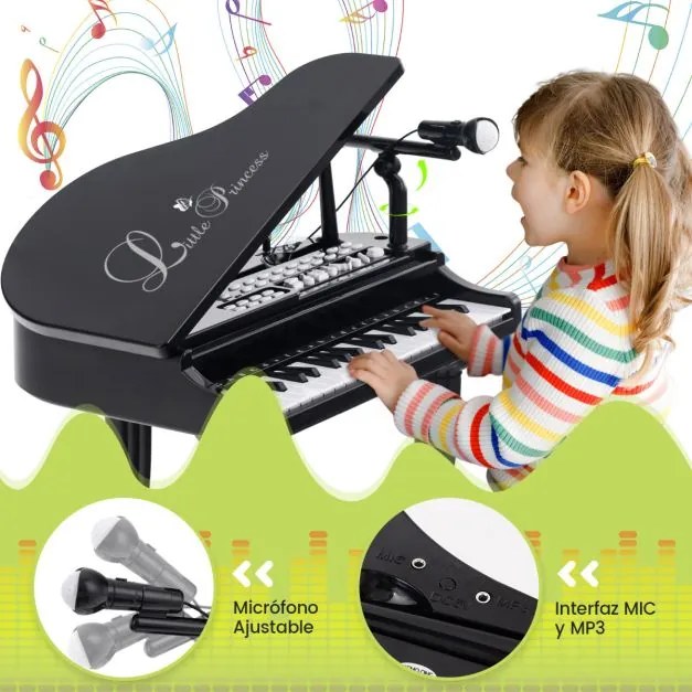 Teclado de piano para crianças com 37 teclas e banco multifuncional portátil com microfone LED e modo de ensino Preto
