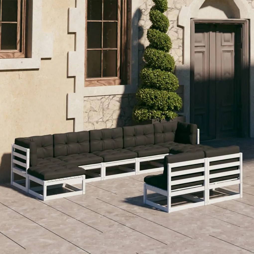 vidaXL 9 pcs conj. lounge de jardim c/ almofadões pinho maciço branco