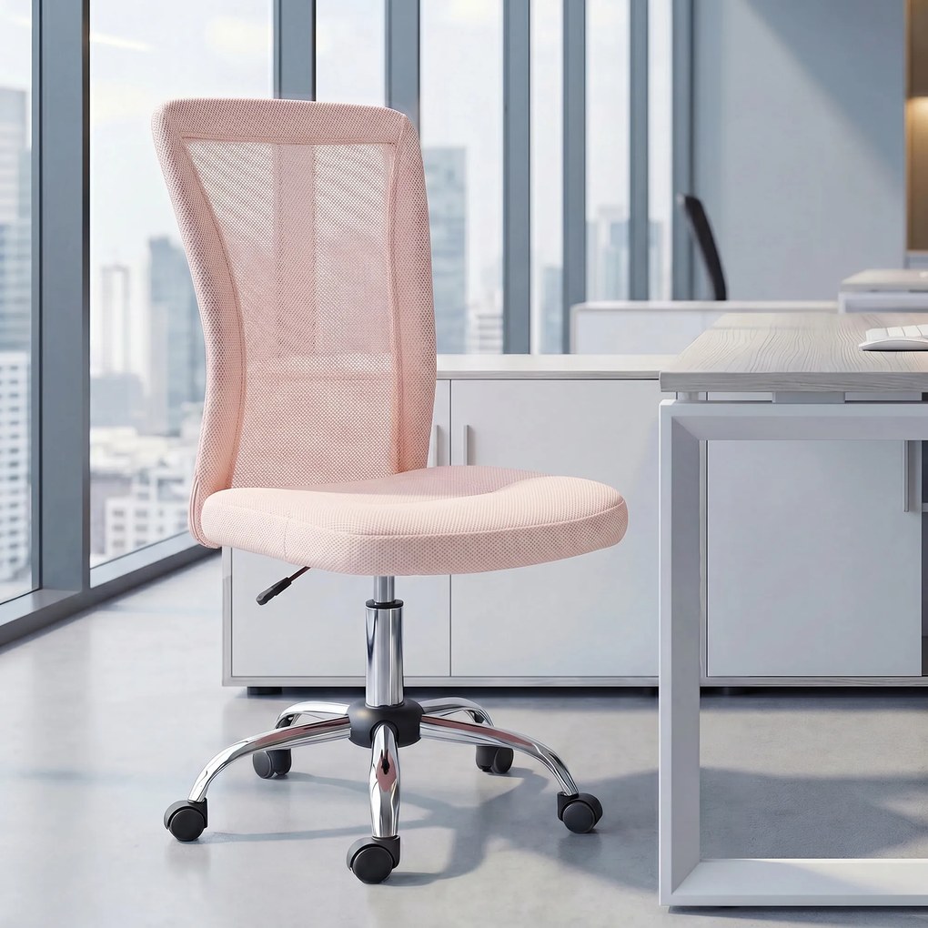 Cadeira de escritório ergonómica, com altura ajustável, base cromada e rotação de 360°, com revestimento em malha rosa