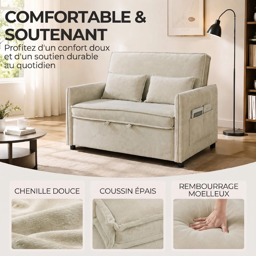 Sofá-cama de 2 lugares pequeno 125 (L) x 91 (P) x 94 (A) cm, sofá-cama 3 em 1 em chenille com encosto ajustável, assento largo, 2 almofadas, creme