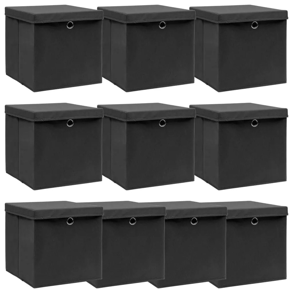 288334 vidaXL Caixas de arrumação com tampas 10 pcs 32x32x32 cm tecido preto