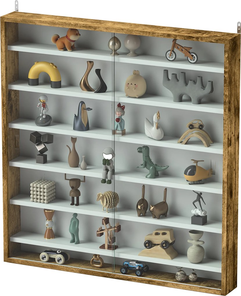 Vitrine para coleção, vitrine de parede, 80 x 9,5 x 83 cm, 6 prateleiras com altura ajustável, 2 portas de correr em vidro branco, castanho rústico