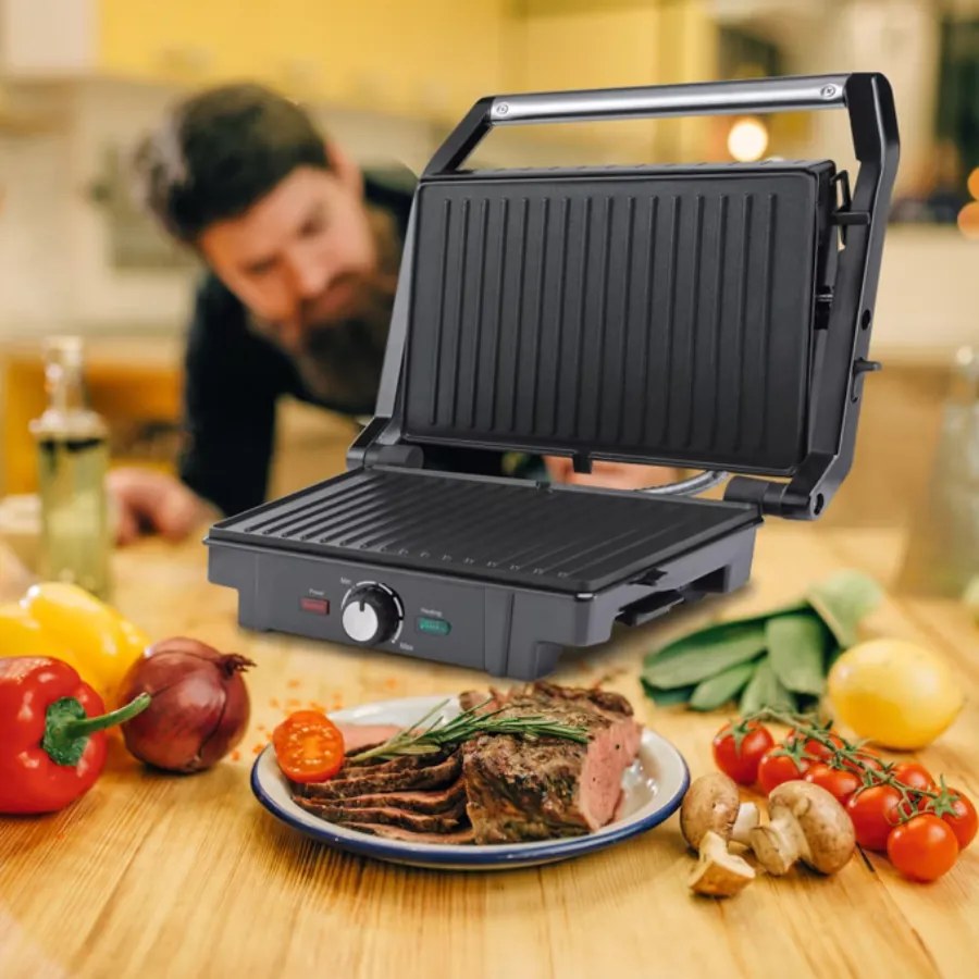 Grelhador de contacto de 1600 W, 29 x 24,5 x 11 cm Preto + Prateado