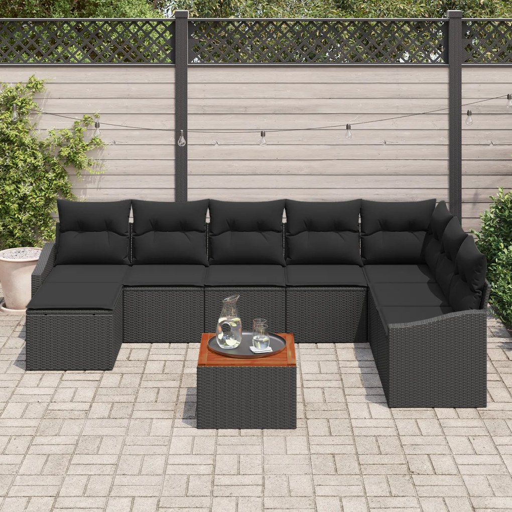 Conjunto de Sofá de Jardim com 9 Peças e Almofadas Preto Vime Acácia