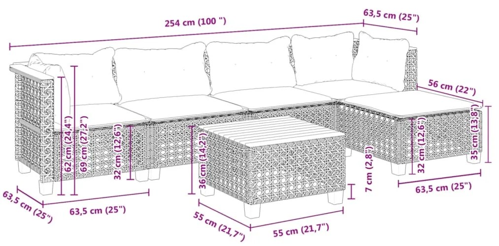 6 pcs conjunto sofás de jardim c/ almofadões vime PE preto