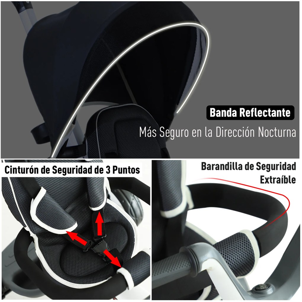 HOMCOM triciclo bebê 4 em 1 s para crianças +18 meses Evolutivo capuz Barra Destacável Controle Parental Brinquedo de aprendizagem Cinza