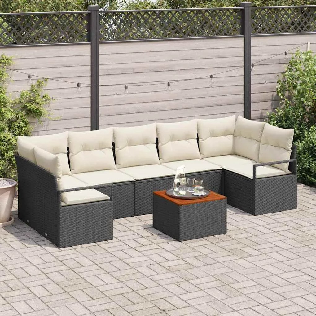 vidaXL Conjunto de Sofá de Jardim 8 Peças com Almofadas Pretas em Poliratan e Acácia