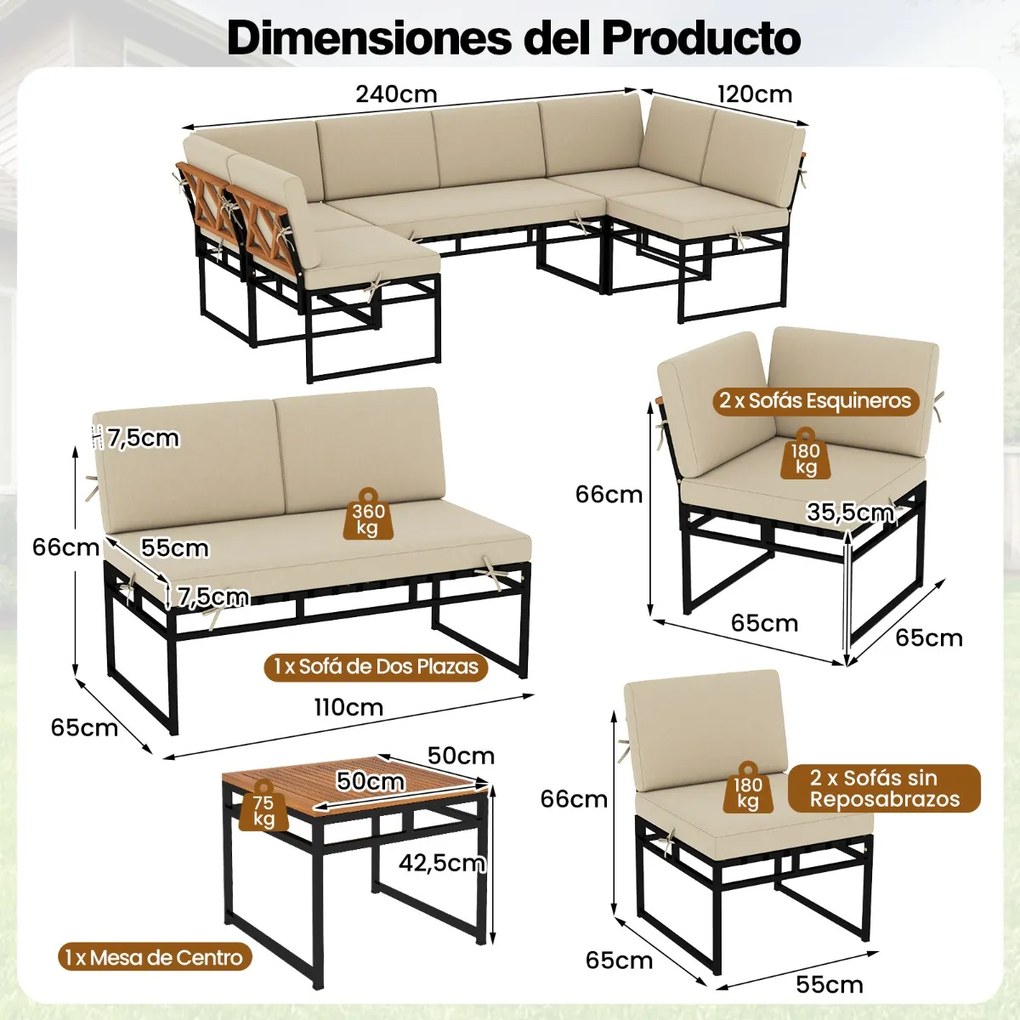 Conjunto jardim de 6 peças para exterior com móveis de metal e madeira de acácia, almofadas e mesa de café para jardim ou piscina, bege
