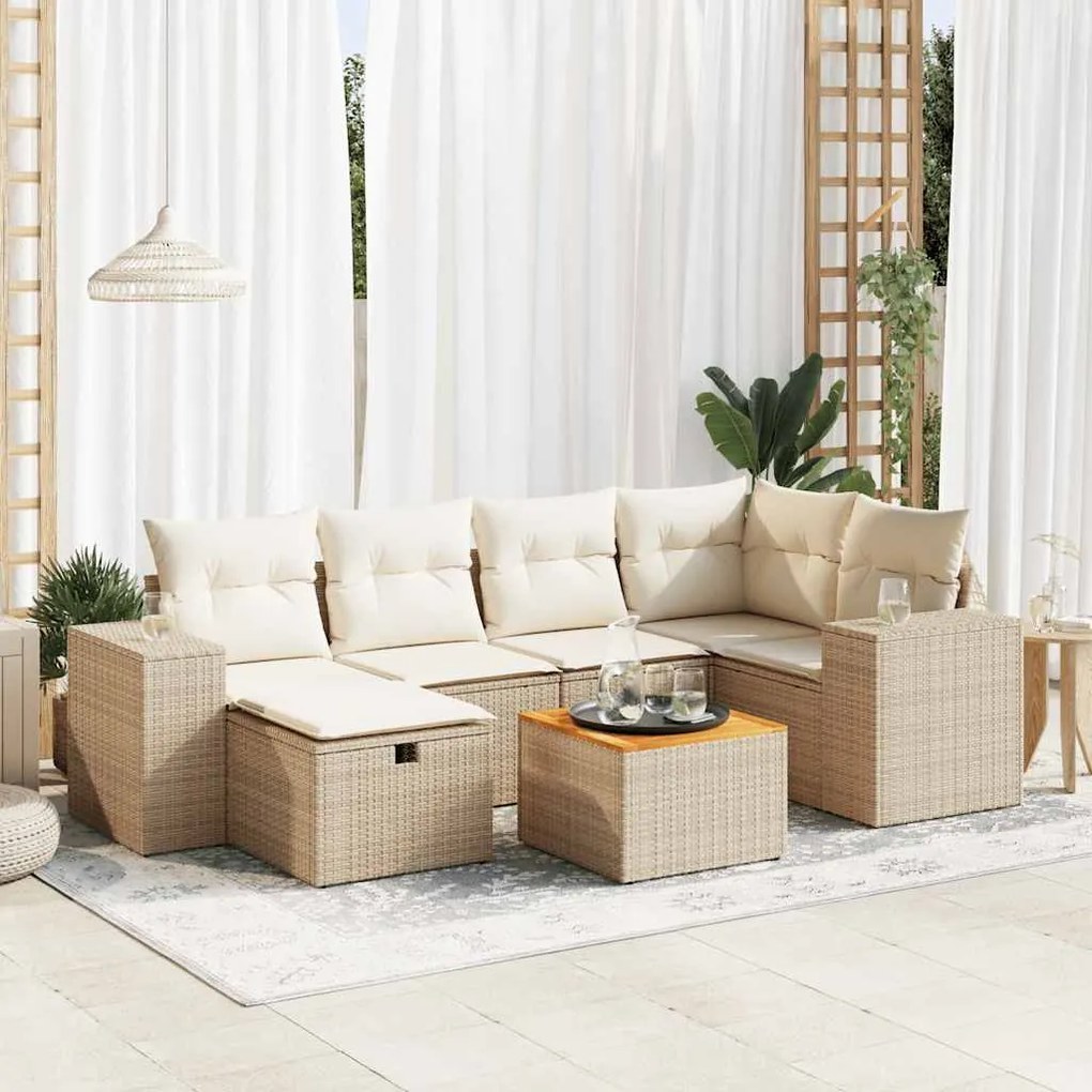 vidaXL 7 pcs conjunto de sofás p/ jardim com almofadões vime PE bege