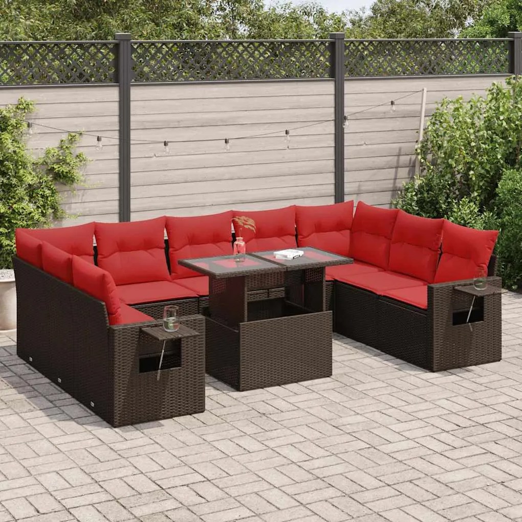 10 pcs conj. sofás jardim c/ almofadões vime PE/acácia castanho