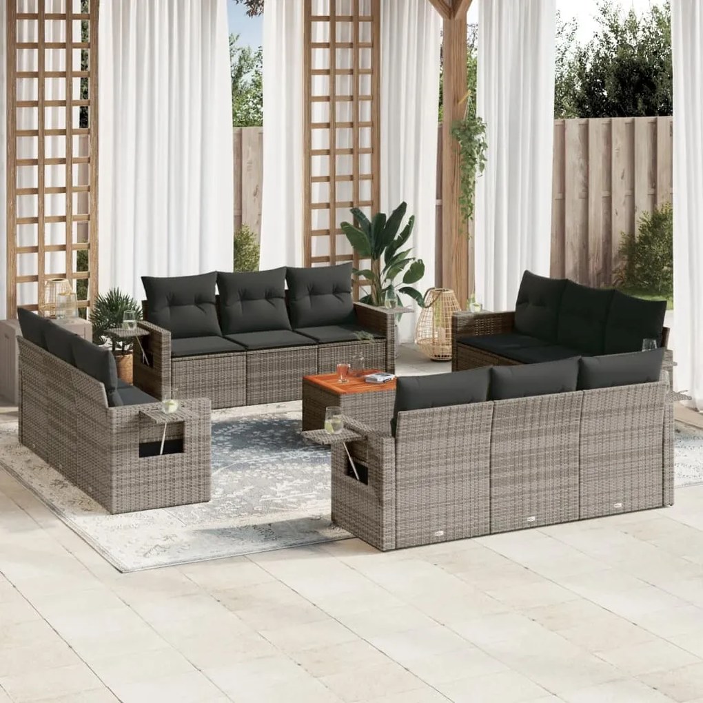 vidaXL 13 pcs conjunto sofás p/ jardim c/ almofadões vime PE cinzento