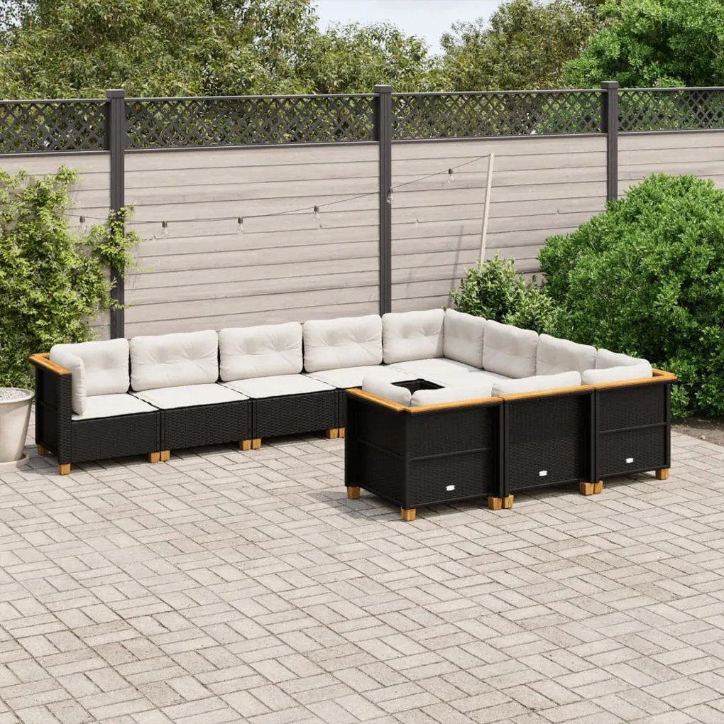 10 pcs conjunto sofás de jardim c/ almofadões vime PE preto