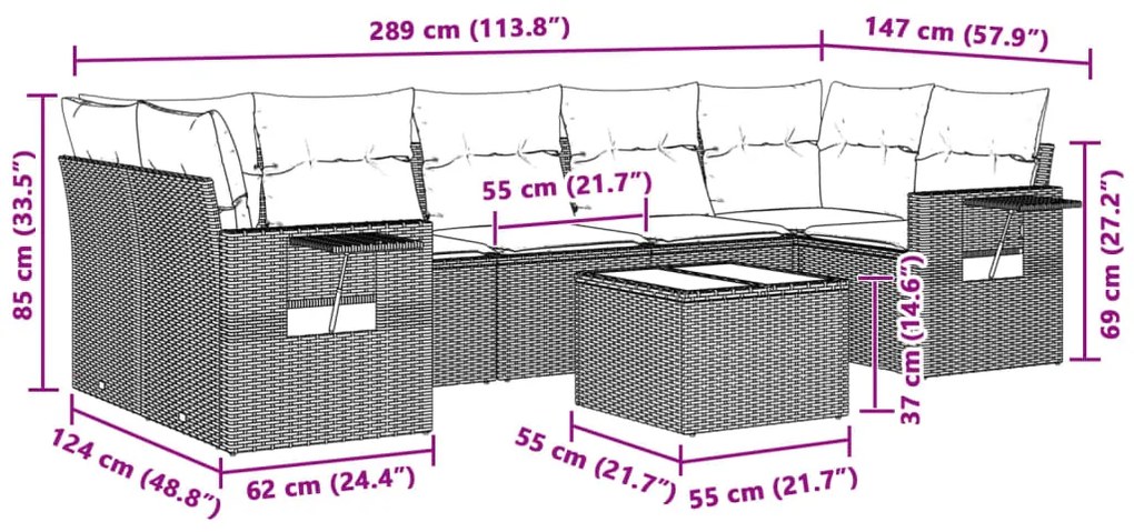 8 pcs conj. sofás jardim c/ almofadões vime PE cinzento-claro