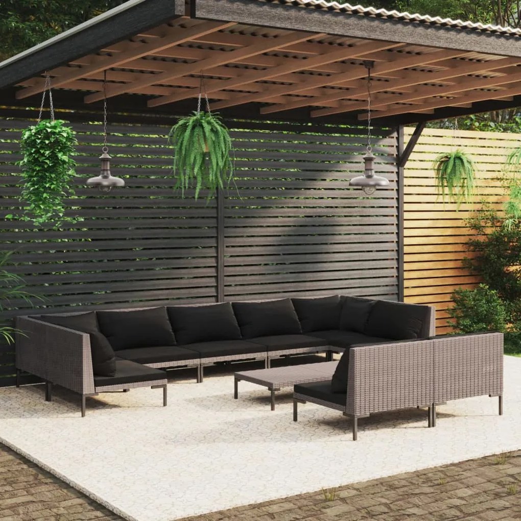 vidaXL 10 pcs conj. lounge jardim c/ almofadões vime PE cinza-escuro