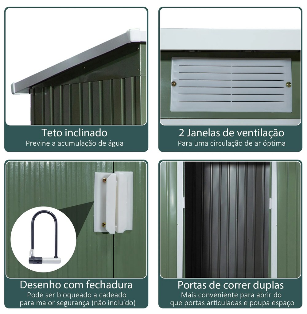 Abrigo de Jardim 213x130x173cm Abrigo de Exterior de Aço Galvanizado com Porta Corredeira e Ventilações para Armazenamento de Ferramentas Verde