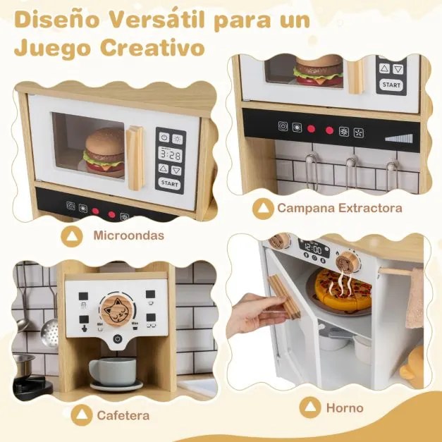 Cozinha de brincar para crianças 75 x 36 x 96 cm de madeira com som e luz Fogão Pia Exaustor Acessórios de cozinha Branco e Natural
