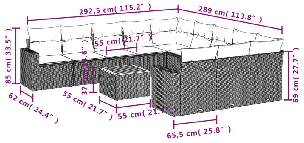 12 pcs conjunto de sofás de jardim c/ almofadões vime PE preto