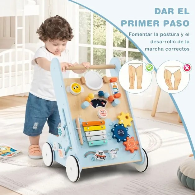 Andarilho de Madeira para Bebés Centro de Atividades de Aprendizagem para Empurrar e Puxar Azul