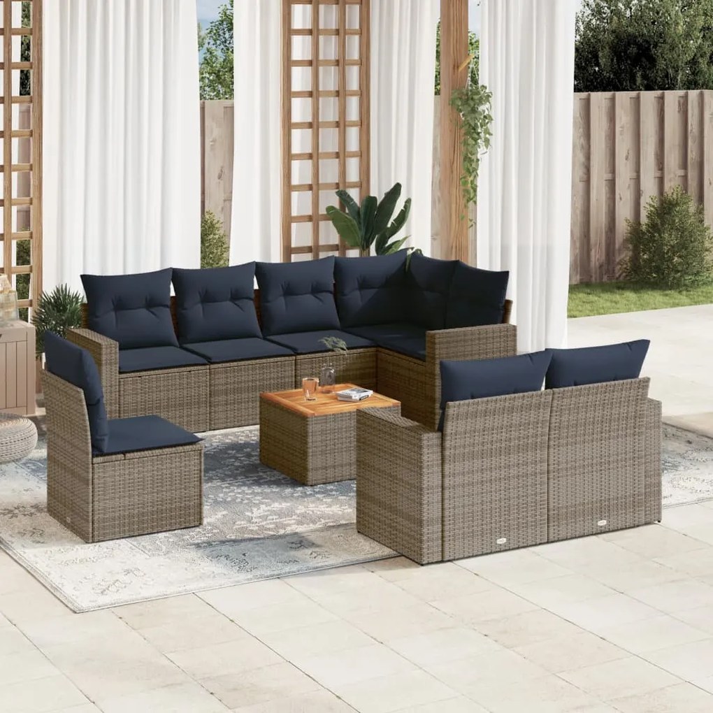 9 pcs conjunto sofás p/ jardim c/ almofadões vime PE cinzento