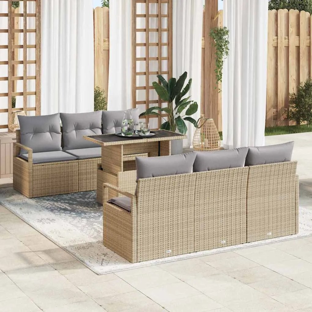 vidaXL Conjunto de Sofá de Jardim de 7 Peças com Almofadas Begev em Rattan Sintético