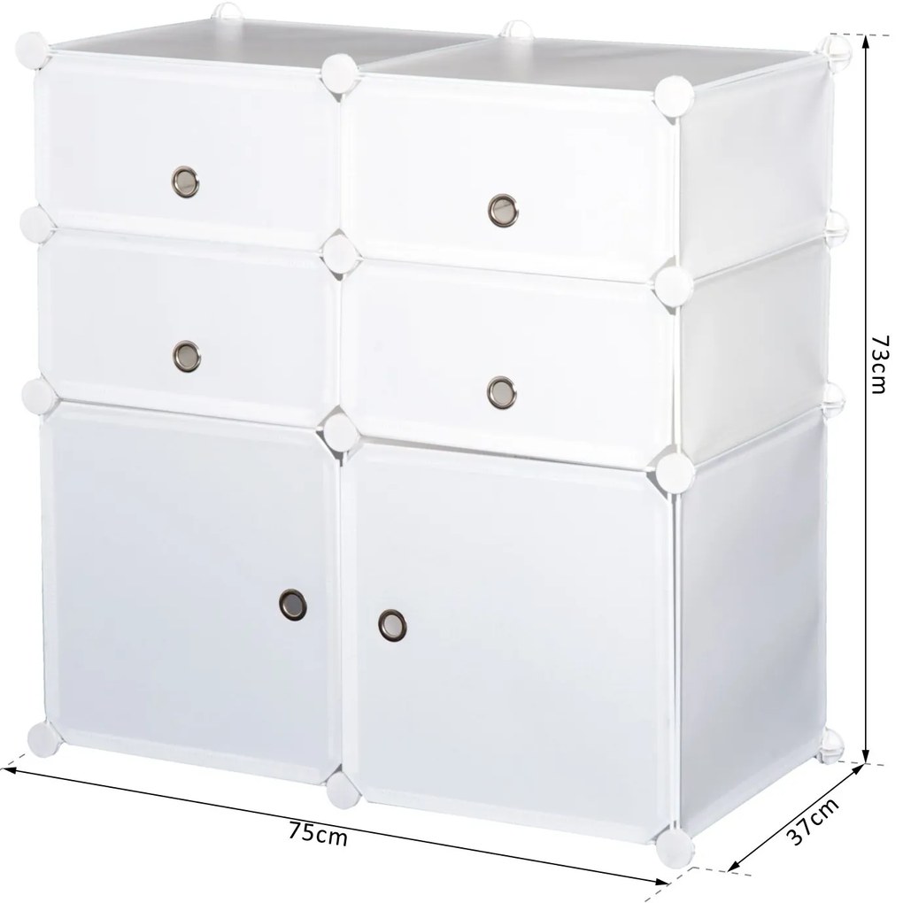 Armário Modular Plástico Branco Estante 6 Baldes Roupeiro Sapateiro Combinado Móvel Organizador Roupa Sapatos Acessório Brinquedos com Gavetas e porta