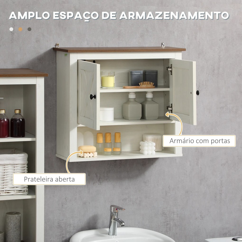 Armário Casa de Banho de Parede com 2 Portas e Prateleiras de Armazenamento 60x19,5x52,5 cm Branco e Madeira