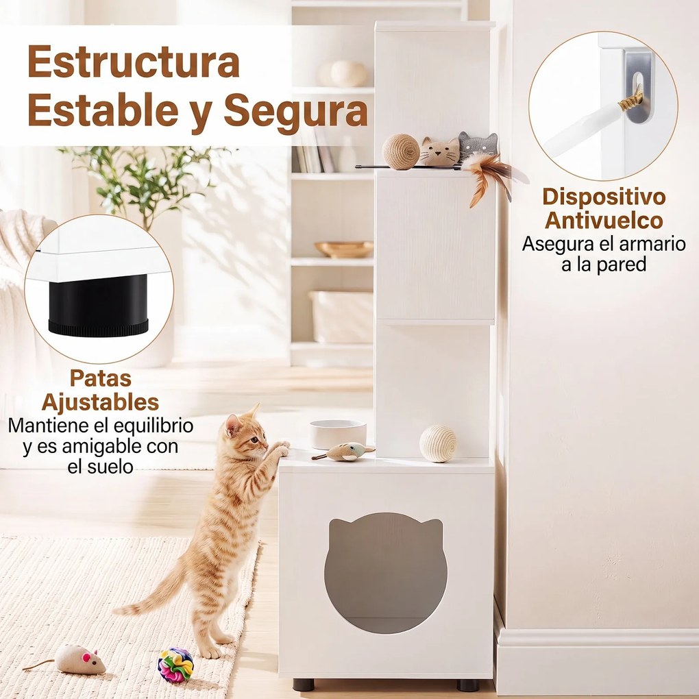 Móvel para Gatos com Armário para Caixa de Areia (NÃO INCLUIDA), 60 x 45 x 141 cm, Estante em Forma de S, Branco