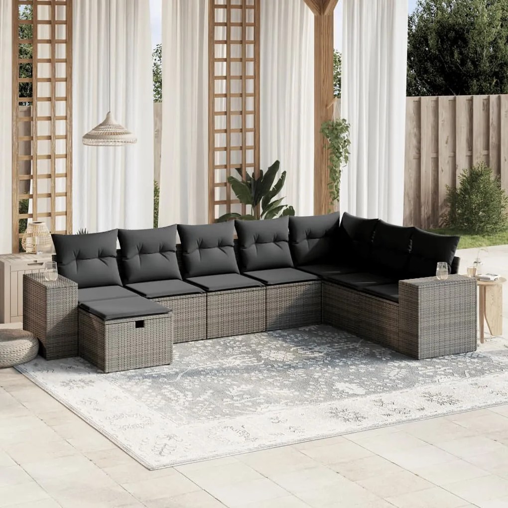 8 pcs conjunto sofás de jardim c/ almofadões vime PE cinzento