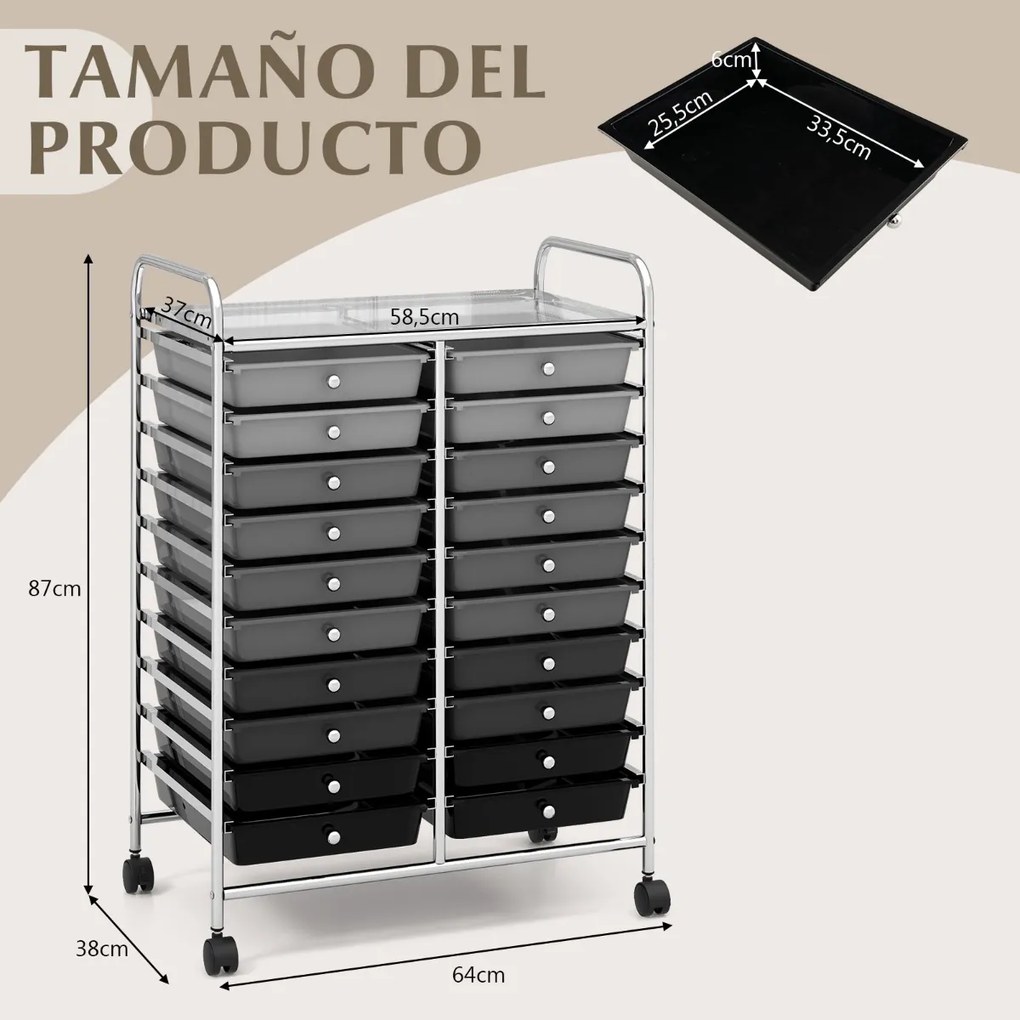 Carrinho auxiliar de armazenamento 64 x 39 x 88 cm com 4 rodas, 20 gavetas 2 rodas com travões, estrutura metálica preta