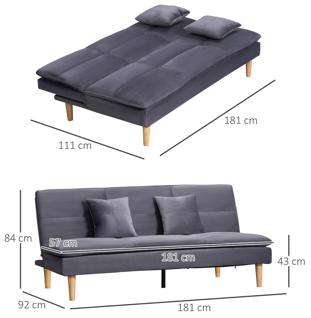 HOMCOM Sofá Cama de 3 Lugares Estofado em Flanela com Encosto Ajustável em 2 Posições 2 Almofadas e Pés de Madeira Sofá Moderno para Sala de Estar Escritório 181x92x84cm Cinza