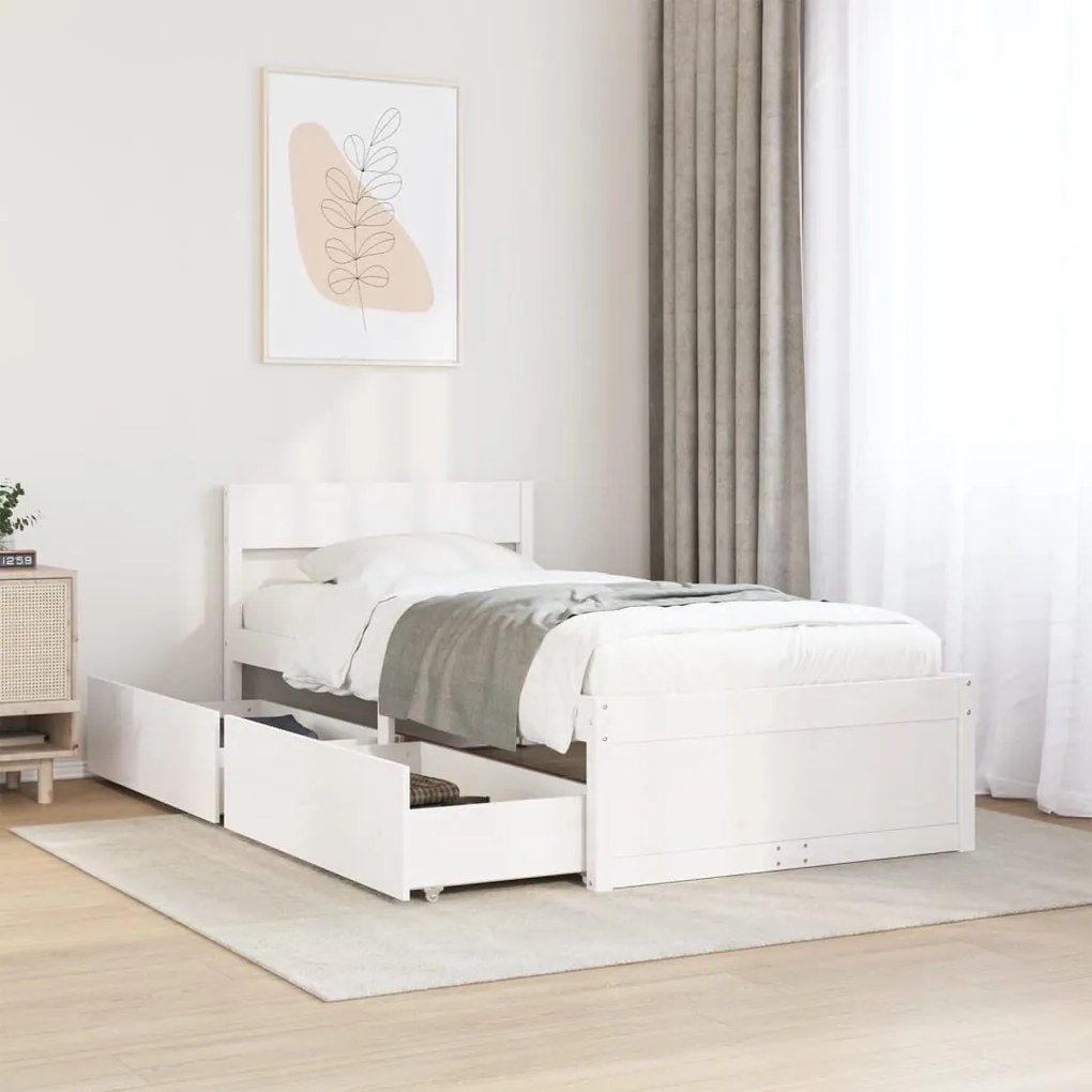 Estrutura de cama com gavetas 75x190 cm pinho maciço branco