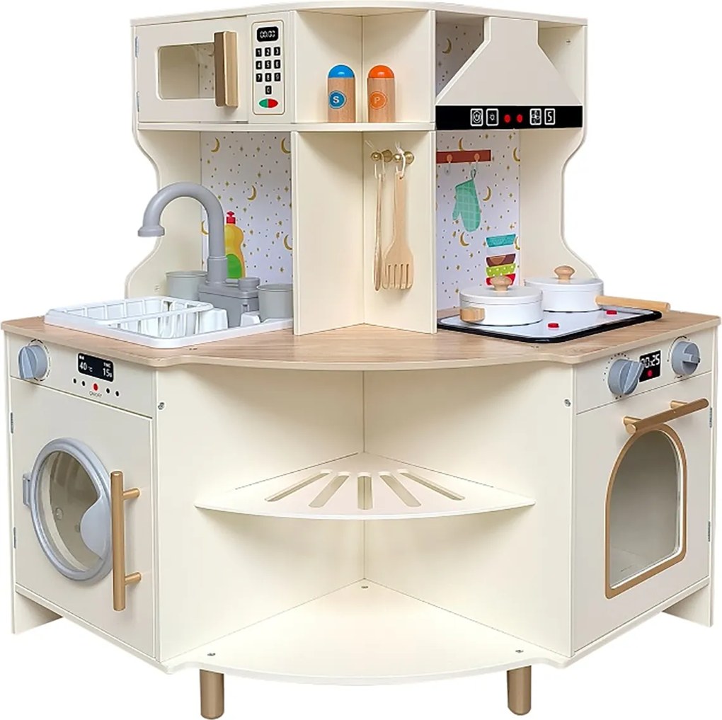 Cozinha de brincar para crianças de canto em madeira 62 x 62 x 80 cm com torneira e lava-louças funcionais Micro-ondas e máquina de lavar louça bege