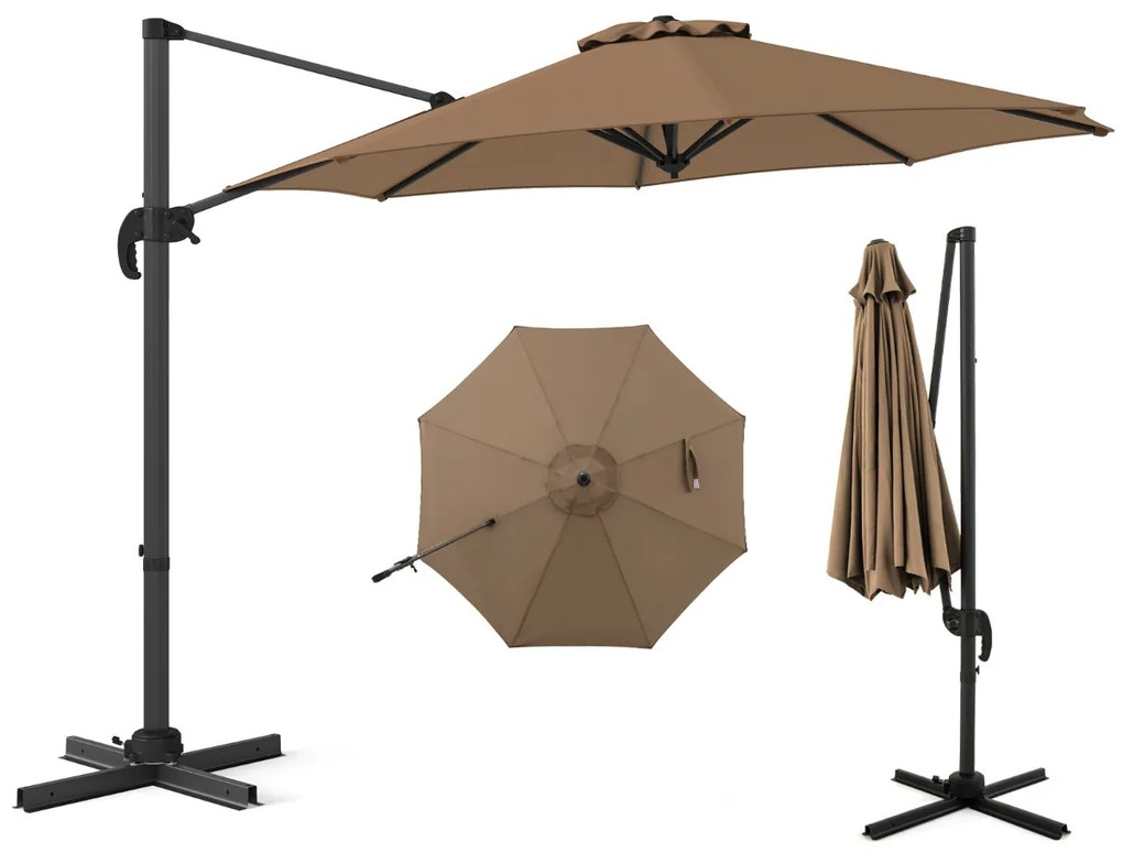 Guarda-sol redondo jardim 294 x 247 cm Guarda-sol suspenso com rotação de 360° Base cruzada 5 inclinações ajustáveis Castanho