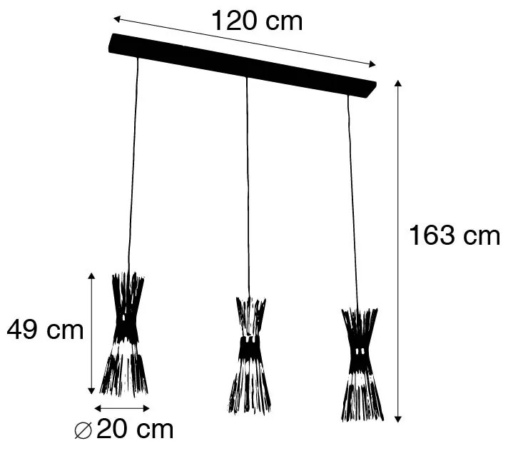 Candeeiro de suspensão rural preto alongado de 3 luzes - Vassoura Art Deco