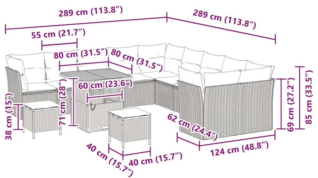 Conjunto de Sofá de Jardim com 13 peças, almofadas bege em rattan sint