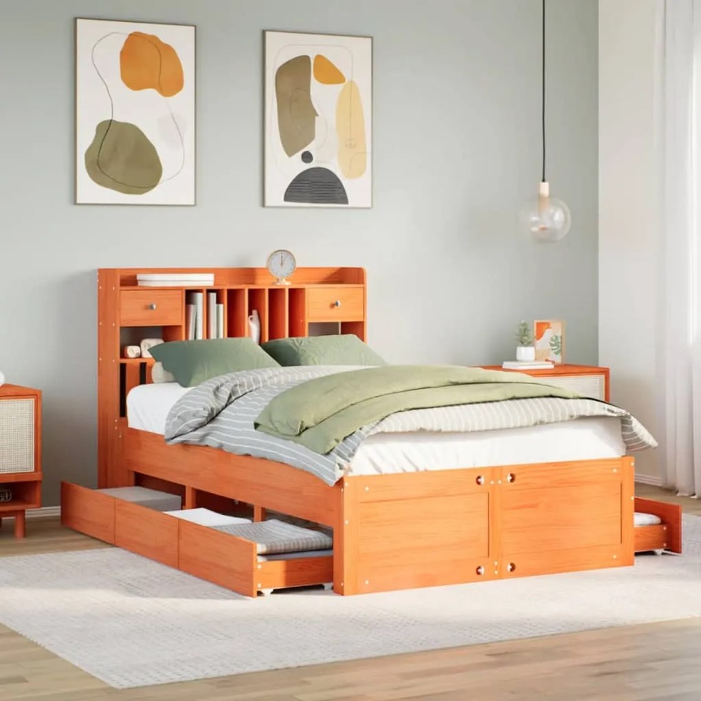 vidaXL Cama com estante sem colchão 135x190 cm pinho maciço