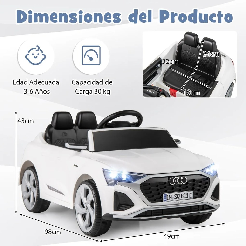 Carro elétrico para crianças de 12 V com controlo remoto de 2,4 G Luzes LED Arranque suave e suspensão com molas Branco