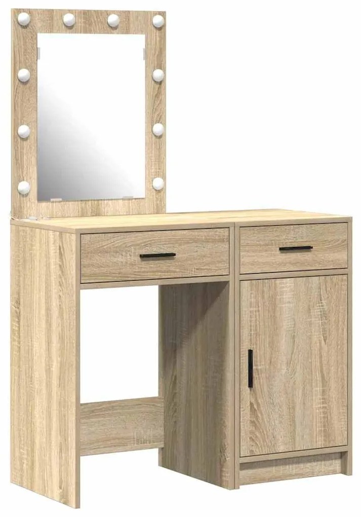 Conjunto de Pia de Maquiagem de 2 Peças com LED em Madeira de Carvalho