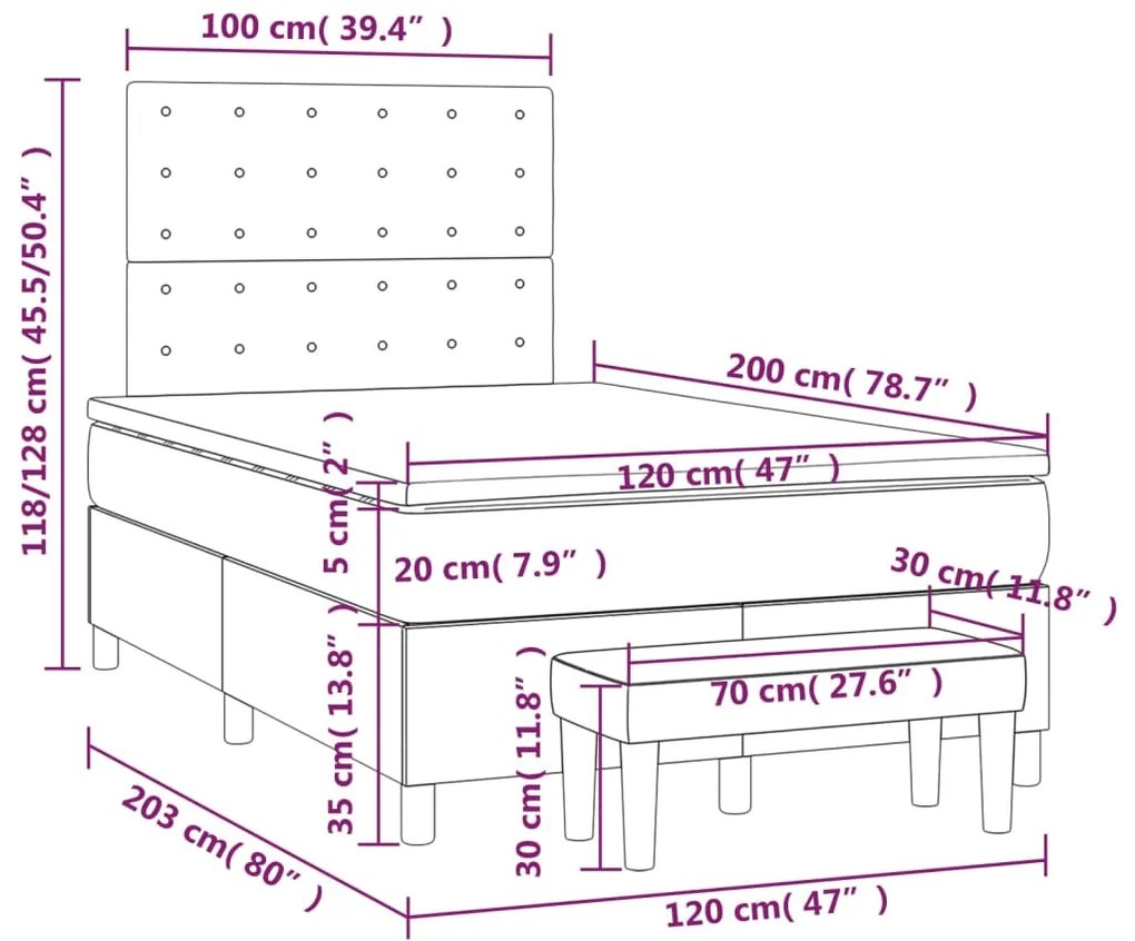 Cama boxspring com colchão 120x200 cm veludo azul-escuro