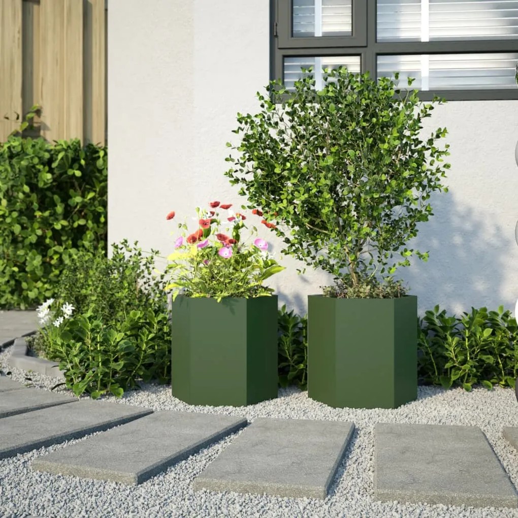 Vasos floreiras de jardim 2 pcs hexagonal 46x40x45 cm aço verde